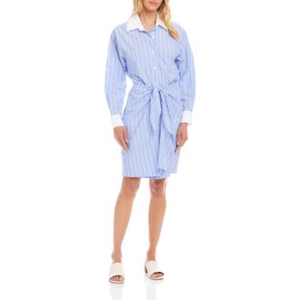 Karen Kane Stripe Cotton Faux Wrap Shirtdress in Blue/White at Nordstrom, Size X-Large