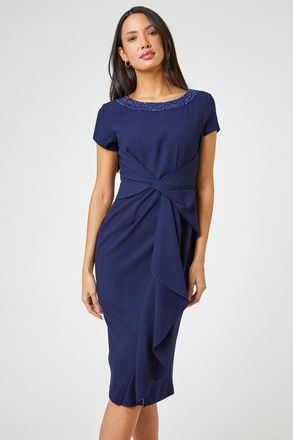 Roman Embellished Stretch Twist Waist Ruched Dress