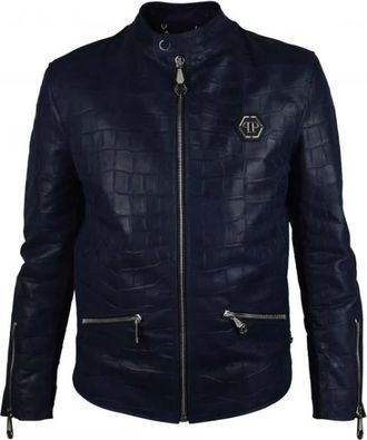 Philipp Plein Biker Jacket - Heren - Zomerjassen - Blauw - M - Leer - Jassen