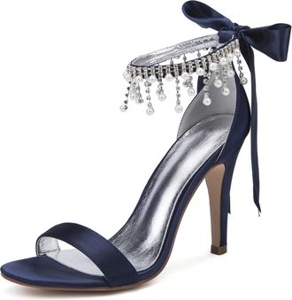 Generic Wedding Bridal Shoes Womens Heels Bridal High Heels 10.5Cm Stiletto Open Toe Sandals Evening Formal Party Dress Shoes,Dark Blue,9 UK