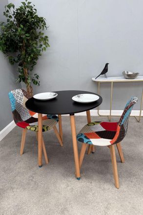Life Interiors Patchwork Halo Dining Set for 2 - a Round Dining Table & Set of 2 Fabric Dining Chairs in Black