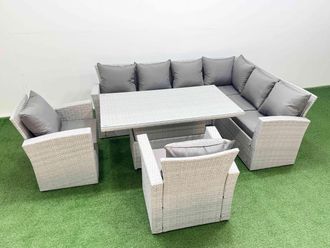 Fimous 8 Seat Rattan Garden Furniture Corner Sofa Set with 2 Chair Light Grey