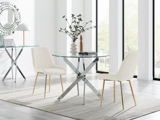 Furniturebox Novara 100cm Round Dining Table & 2 Pesaro Gold Leg Chairs in Cream