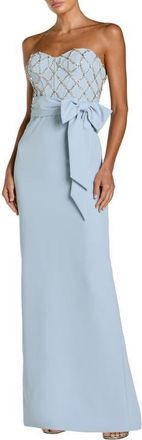 Mac Duggal Strapless Crepe Embellished Bustier Gown With Bow in Powder Blue at Nordstrom, Size 12
