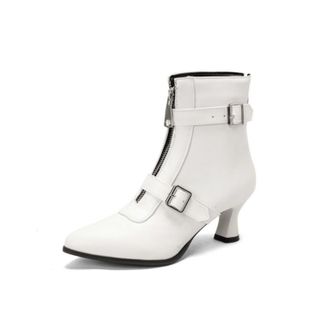 Generic Womens Pointed Toe 5.5cm Kitten Heel Dressy Ankle Boots with Buckle & Zip for Casual,White PU,6.5 UK