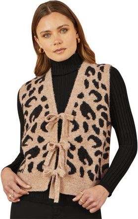 Yumi Knitted Cheetah Print Tie Waistcoat in Beige at Nordstrom, Size Medium