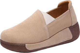 Generic Autumn Women Casual Shoes Round Toe Everyday Comfort Flock Mid Heel Platform Thick Sole Shake Footwear for Ladies Walking (White, 5.5)