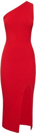 Michael Kors Geribbelde Stretch Viscose Cr&ecirc;pe Asymmetrische Jurk met Split - Dames - Kleedjes - Rood - M - Leer - Kleedjes