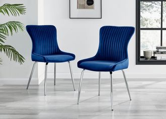 Furniturebox Set of 2 Nora Deep Padded Luxurious Dining Chairs Upholstered In Soft Velvet With Chrome Legs in Blue