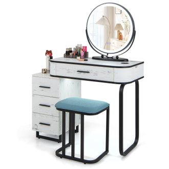 Costway Costway Dressing Table Vanity Set Makeup Stool w/ Charging Station & 3Color Lighted Swivel Mirror & 3Drawer Chest in White