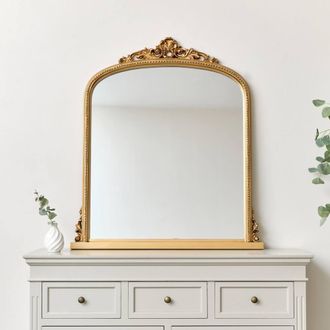 Melody Maison Antique Gold Ornate Arch Overmantle Mirror 88cm X 100cm in Metallic Gold | Size: 88 cm X 100 cm