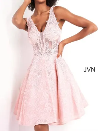 Jovani A Line Short Beaded Lace Cocktail Dress In Pink