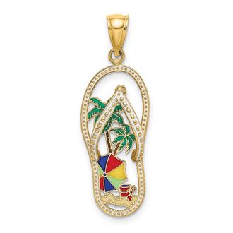 Diamond2Deal 14k Yellow Gold Enamel Palm Tree Beach Scene Flip-Flop Charm