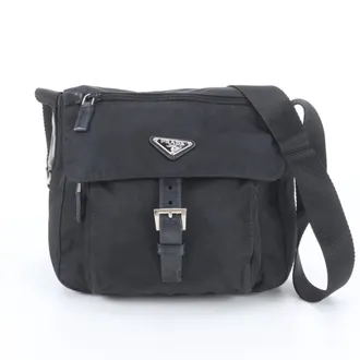 Prada Black Leather Nylon Messenger Bag Shoulder Bag (Pre-Owned)