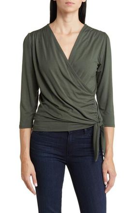 Loveappella Faux Tie Wrap Top in Olive at Nordstrom, Size X-Small
