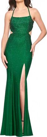 Faviana Rhinestone Scoop Neck Dress In Emerald