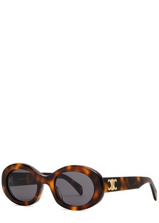 Celine Oval-frame Sunglasses Metal Logo Plaque at Temples, 100% UV Protection - Havana