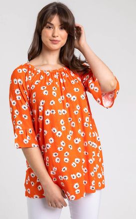Roman Daisy Print Frill Sleeve Tunic Top