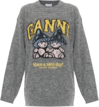 Ganni Gecrushed alpacawol oversized trui - Dames - Ronde hals truien - Grijs - M - Wol - Truien & Vesten