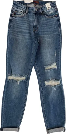 Judy Blue Womens Mid-Rise Boyfriend Fit Jeans With Destroy In Vintage Wash