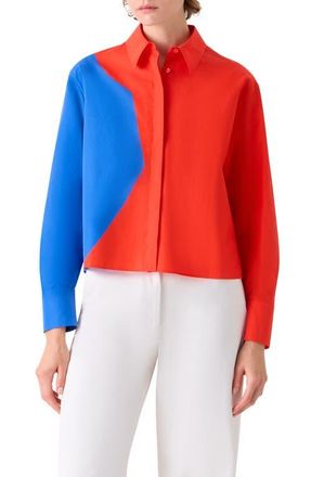 Akris High Plains Colorblock Crop Cotton Poplin Button-Up Shirt in Vermillion-Lapis Blue at Nordstrom, Size 10
