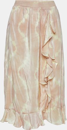 Maje Beige Tie Dye Satin Jitye Ruffled Midi Skirt