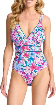 Tommy Bahama Watercolor Floral Print One-Piece Swimsuit in Dusty Lupine at Nordstrom, Size 14