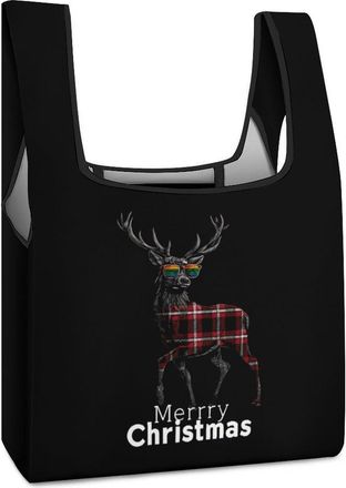 Generic Merry Christmas Buffalo Plaid Deer Shopping Bag Reusable Grocery Tote Bag Foldable Handbag for Travel Picnic