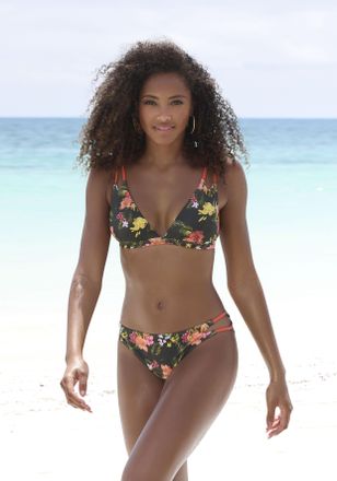 Lascana Triangel-Bikini-Top LASCANA Tahiti, Damen, Gr. 36, Cup C/D, blau (oliv bedruckt), Recycling-Polyamid, floral, kontrastfarbene Details, Bikini-Oberteil