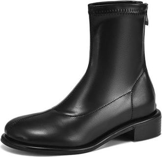 Generic Womens PU Leather Sock Ankle Boots Round Toe Low Block Heels Side Zipper Comfortable Non-Slip Wear-Resistant for Daily Commute Casual,Black,5.5 UK