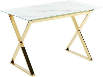 Beliani Beliani - Glamour Dining Room Table Tempered Glass Glossy Top Marble Effect Gold Legs 120 x 70 cm Attica
