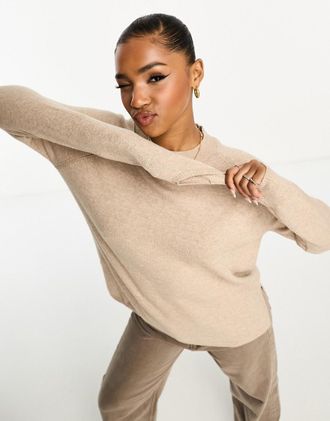 Jacqueline de Yong slouchy longline sweater with side split in beige-Neutral