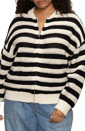 Sanctuary Stripe Open Stitch Cotton Bomber Cardigan in Macrame/Black Stripe at Nordstrom Rack, Size 1X