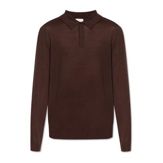 Paul Smith V-neck Knitwear, male, Brown, Size: 2XL Wool polo shirt with long sleeves