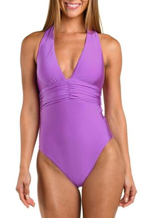 Sunshine 79 Solids Ruched Plunge One-Piece Swimsuit in Lilac at Nordstrom, Size 12