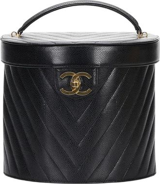 Chanel Pre-owned Chevron Leather Vanity Case - Dames - Vintage Handtas - Zwart - ONE Size - Leer - Vintage