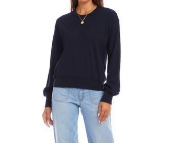 Karen Kane Long Sleeve Ribbed Top In Navy