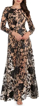 Dress The Population Ava Sequin Floral Embroidered Long Sleeve Gown in Black- Beige at Nordstrom, Size X-Small