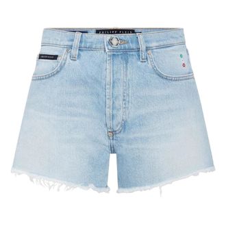 Philipp Plein Mini shorts in denim con logo applicato - - Shorts - Donna - Blu - W26