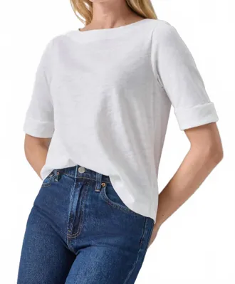 Lilla P Cuffed Sleeve Boatneck Top In White