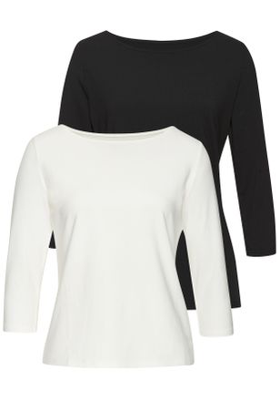 Lascana 3/4-Arm-Shirt LASCANA, Damen, Gr. 40/42, beige (creme, schwarz), Single Jersey, Obermaterial: 50% Baumwolle, 45% Modal (TENCEL), 5% Elasthan, unifarbe