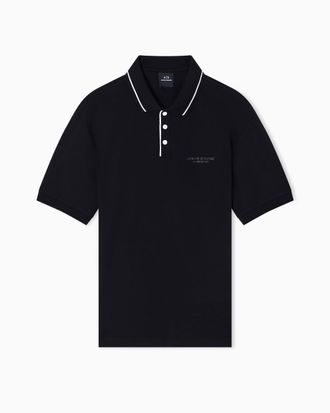 A|X Armani Exchange Mens Essential, Striped Collar Side Milano-New York Logo Lettering Polo Shirt, Black, XL
