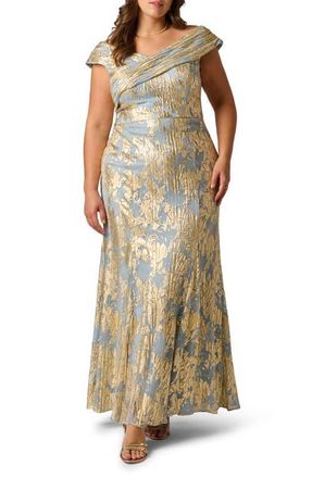 Adrianna Papell Foil Leaf Mermaid Gown in Light Blue/Gold at Nordstrom, Size 18W