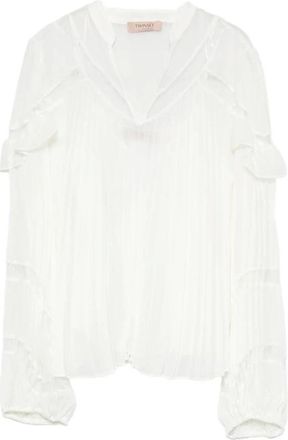 Twinset Elegante Blusa in Chiffon Pliss&eacute; con Dettagli Arricciati - - Blouses & Shirts - Donna - Bianco - M