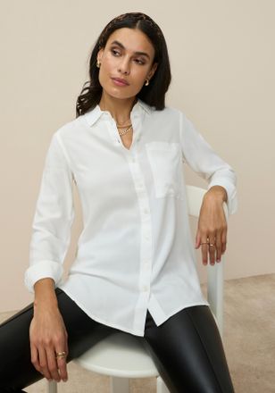 Tamaris Hemdbluse TAMARIS, Damen, Gr. 34, beige (naturwei&szlig;), Web, Obermaterial: 100% Viskose, figurumspielend Po-bedeckend, Manschette, Blusen Hemdbluse, im O