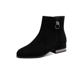 Generic Womens Suede-Like Ankle Boots Round Toe Fabric Low Block Heels Side Zipper With Crystal Ring Detail Solid Color Stylish Durable Design,Black,4.5 UK