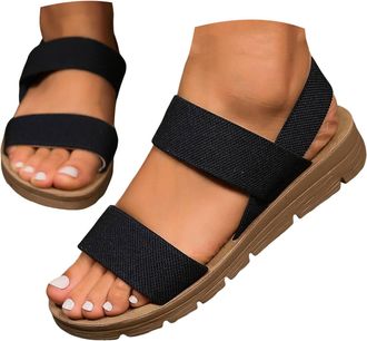 Generic Womens Casual Flat Slide Sandals Adjustable Elastic Strappy Double Bands Summer Flat Sandals Fashionable And Casual Hollow Solid Color Womens Sandal (