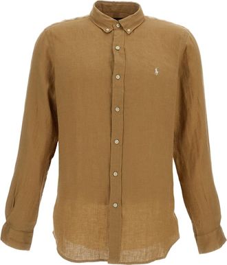 Polo Ralph Lauren Tailored Brown Linen Shirt with Button-Down Collar