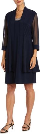 R & M Richards 3/4 Sleeve Embellished Jacket & Dress Set In Navy