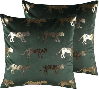 Beliani Beliani - Conjunto De Cojines Decorativos De Terciopelo Verde Estampado Animal L&aacute;mina 45 X 45 Cm Motivo De Tigre Decoraci&oacute;n Glamour Bluebell